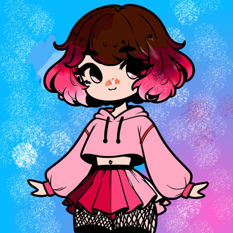 cute femboy with short, fluffy hair that softly frames their face, wearing a cropped hoodie, paired with a flouncy short skirt, and thigh-high stockings