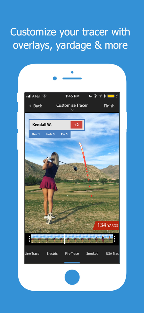 A golf shot video in the Golf Tracer app with a customized ball flight tracer and yardage overlay