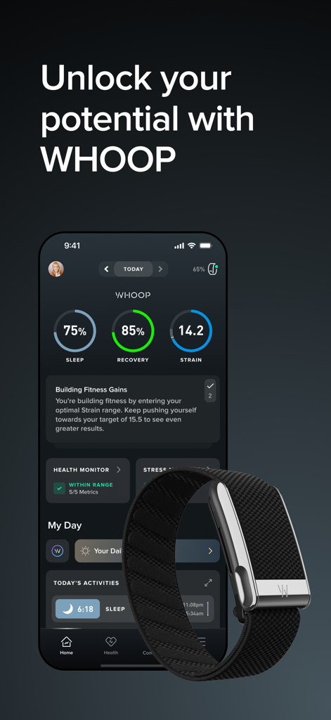 Panel de la aplicación WHOOP que muestra métricas de salud para la recuperación del sueño y el esfuerzo con el dispositivo wearable