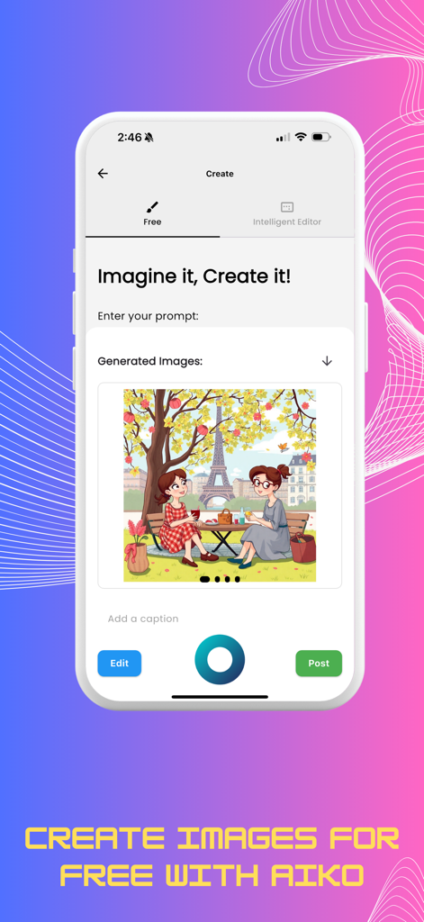 Schermata dello smartphone che visualizza l'interfaccia di creazione di immagini dell'app AIKO con un'illustrazione generata dall'AI di un picnic a Parigi