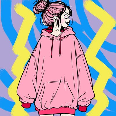 realistic girl with a oversized sweatshirt on and a bun