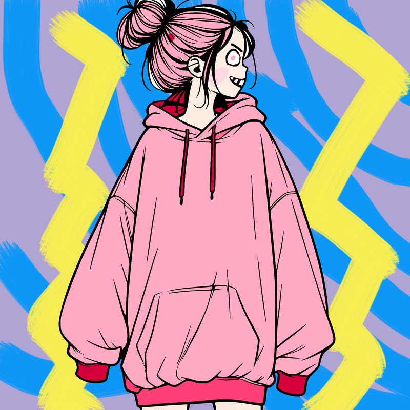 realistic girl with a oversized sweatshirt on and a bun