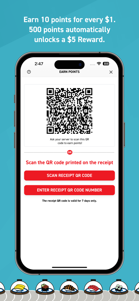 Kura Sushi Rewards - Pantalla de la aplicación Kura Sushi Rewards que muestra un código QR para ganar puntos de fidelidad y botones para escanear un recibo