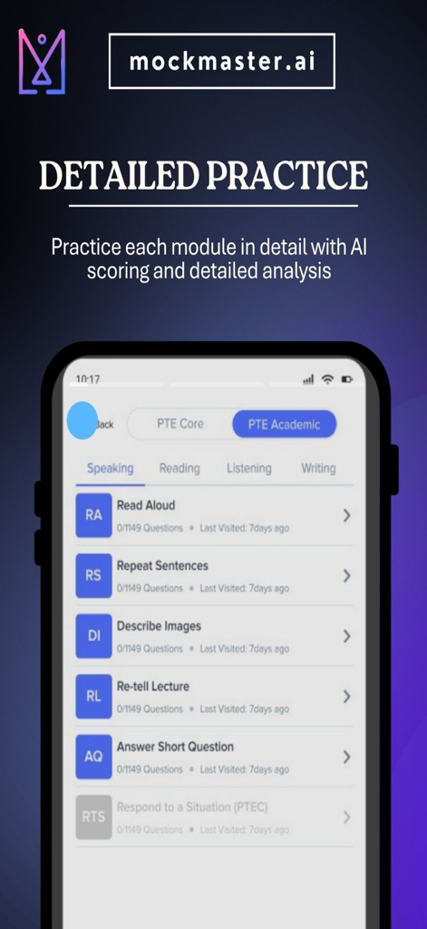 Interfaccia dell'app Mockmaster che mostra i moduli di pratica orale PTE Academic con punteggio IA