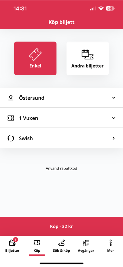Länstrafiken Jämtland - Screenshot of the Länstrafiken Jämtland app showing the ticket purchase screen for a single adult ticket in Östersund.