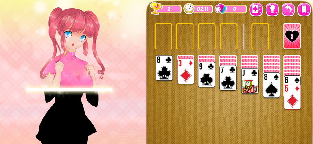 Solitaire Manga Girls - Solitaire card game screen with a pink haired manga girl character