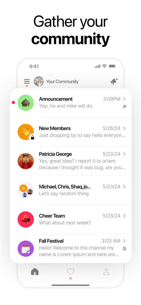Scoop Messenger - Scoop Messenger app interface showing a list of community chat threads and announcements.