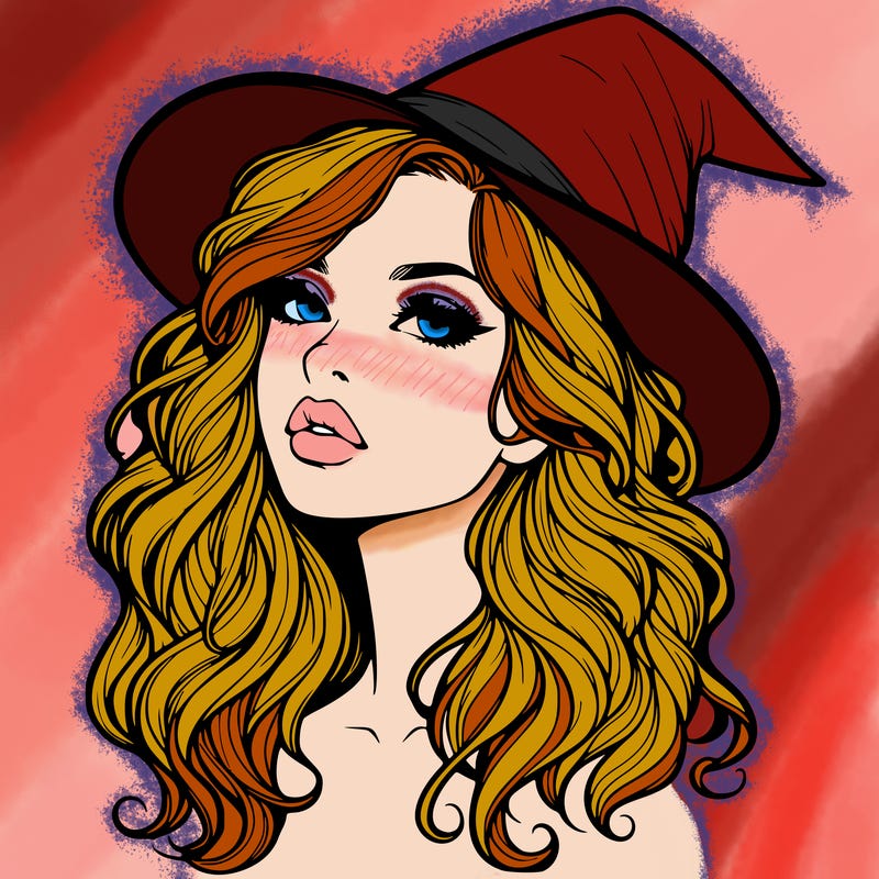 realistic witch girl with wavy hair and lips