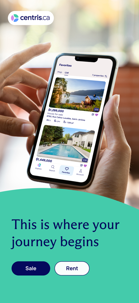 A person holding a smartphone showing the favorites list of homes on the Centris real estate app.