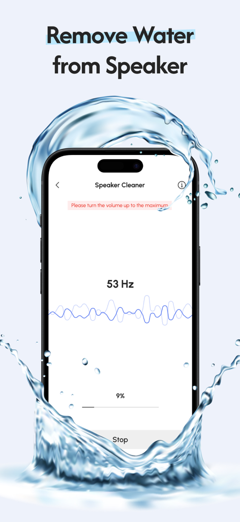 Genie - Phone Storage Cleaner - スマートフォンにGenieアプリのスピーカークリーナー機能が表示され、水しぶきのグラフィックがあります。