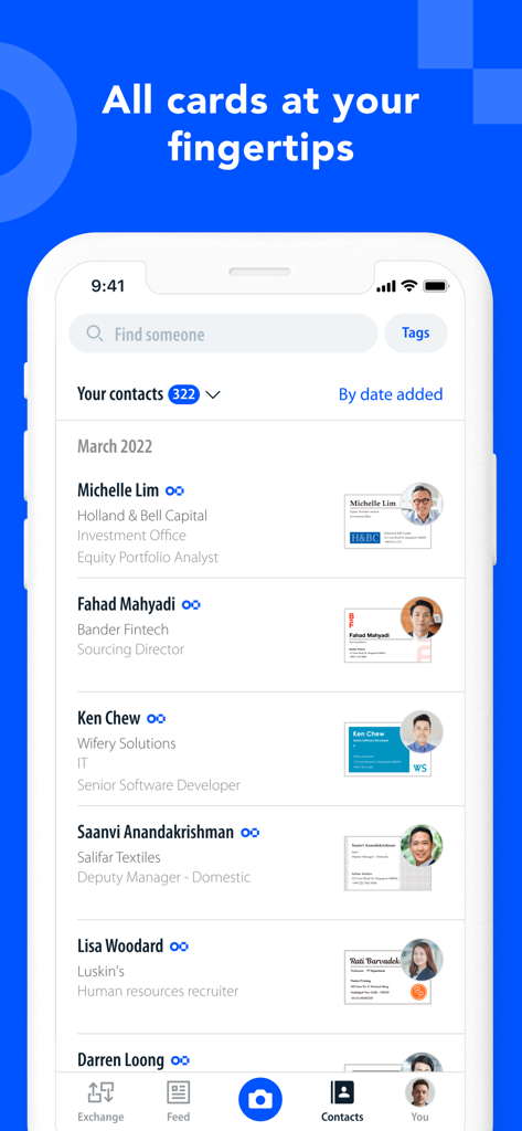 Eight: Business Card Manager - Eight App-Kontaktliste zeigt digitalisierte Visitenkarten und professionelle Profile