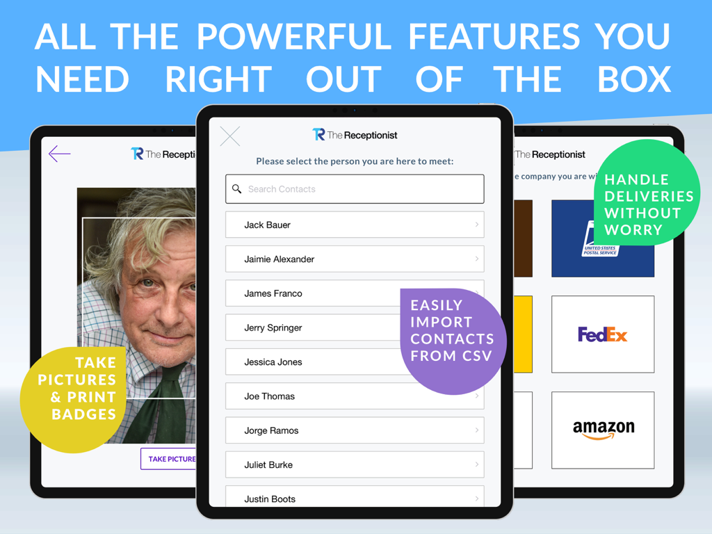 Three iPads displaying features of The Receptionist app including badge printing contact selection and delivery management
