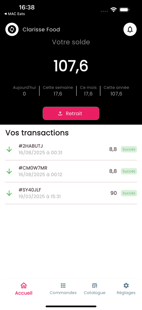 MAC Eats Restaurant - MAC Eats Restaurant App-Bildschirm, der den Kontostand und die letzten Transaktionen anzeigt
