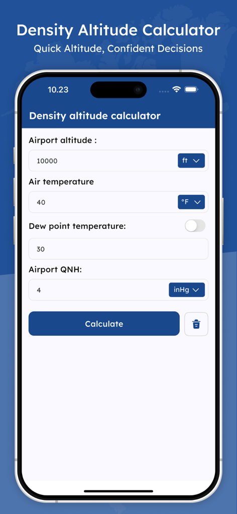 Density Altitude Calculators - Density Altitude Calculator app interface showing input fields for airport altitude temperature and dew point