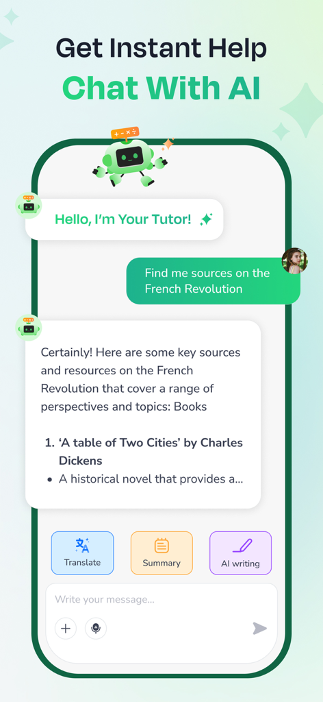 AI Math Solver App - SolveMate - SolveMate app interface showing a chat conversation with an AI tutor for instant homework help and study resources