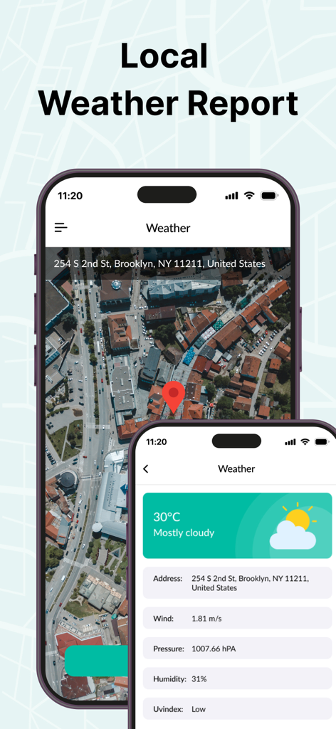 GPS Area Measure Map - Pantalla de smartphone que muestra un informe meteorológico local con vista de mapa satelital y datos ambientales que incluyen temperatura y velocidad del viento
