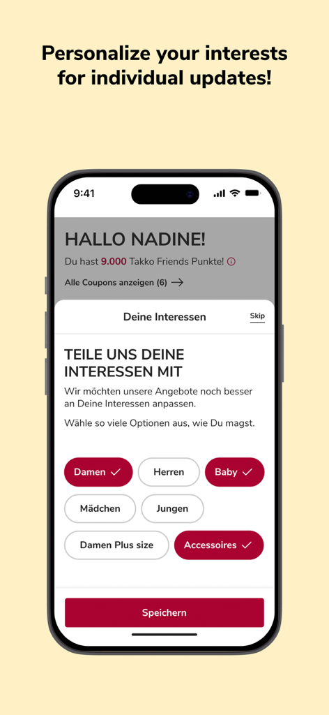Mobile Ansicht, die die Personalisierung von Shopping-Interessen in der Takko Friends App zeigt