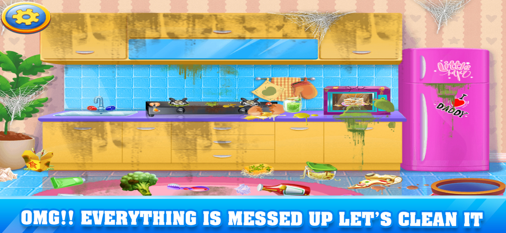House Clean - A Cleaning Games - 子供向けのお掃除ゲームで、汚れやクモの巣がある散らかった漫画のキッチン