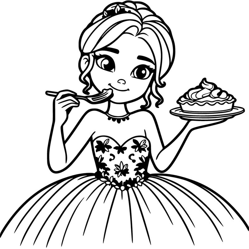 teenage girl in a ball dress eating pie