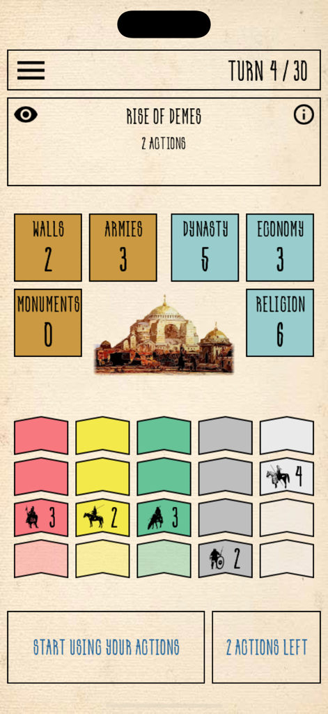 Strategic gameplay screen of the Constantinople solitaire board game showing resource tracks and turn management.