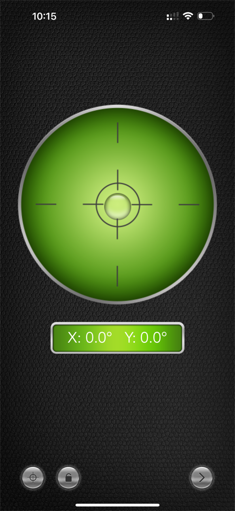 Bubble Level Plus app interface showing a green circular bubble level with zero degree coordinates