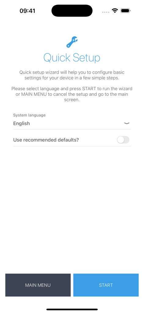 MikroTik - 基本的なルーター設定のためのMikroTikモバイルアプリのクイックセットアップウィザード画面