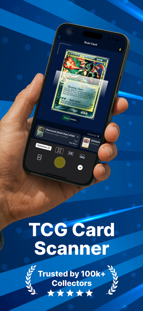 TCG Card Scanner app identifying a Charizard pokemon card using AI