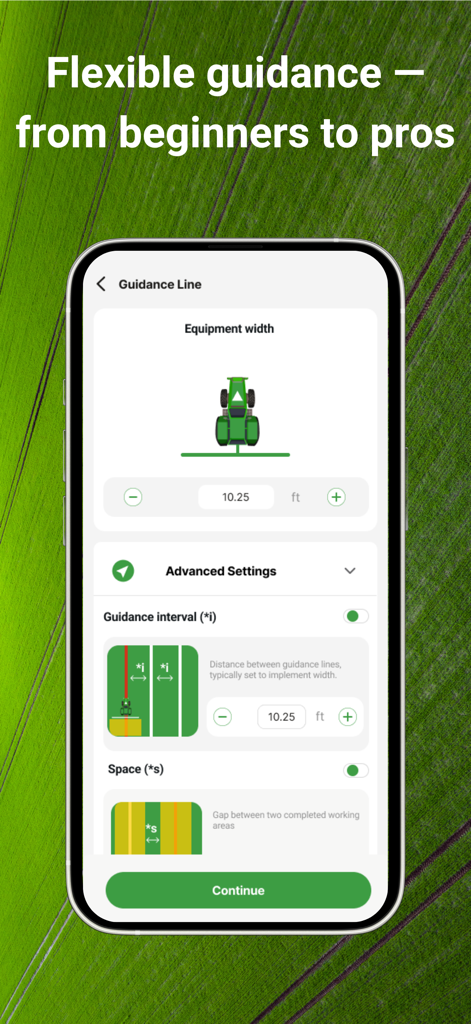 Tractor GPS : Field Navigator - GLandNav app interface showing equipment width and field guidance line configuration