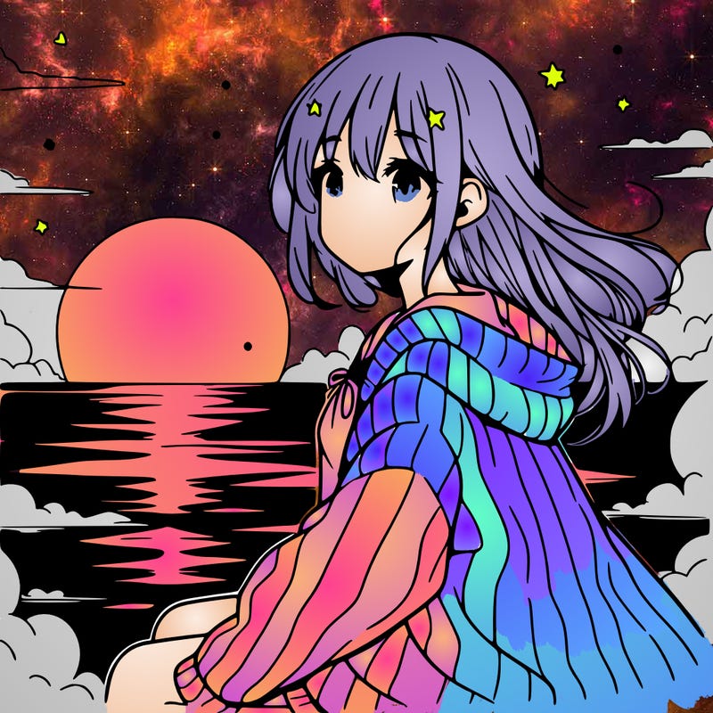 anime girl beside sun set