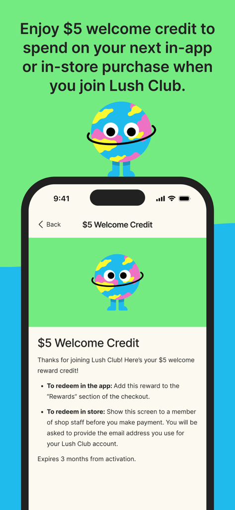 A promotional screen for the Lush app offering a five dollar welcome credit for new Lush Club members
