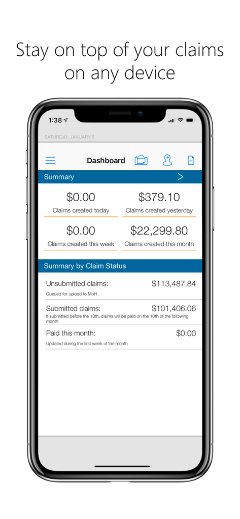 MDBilling app dashboard showing a summary of OHIP claims and status updates for physicians.