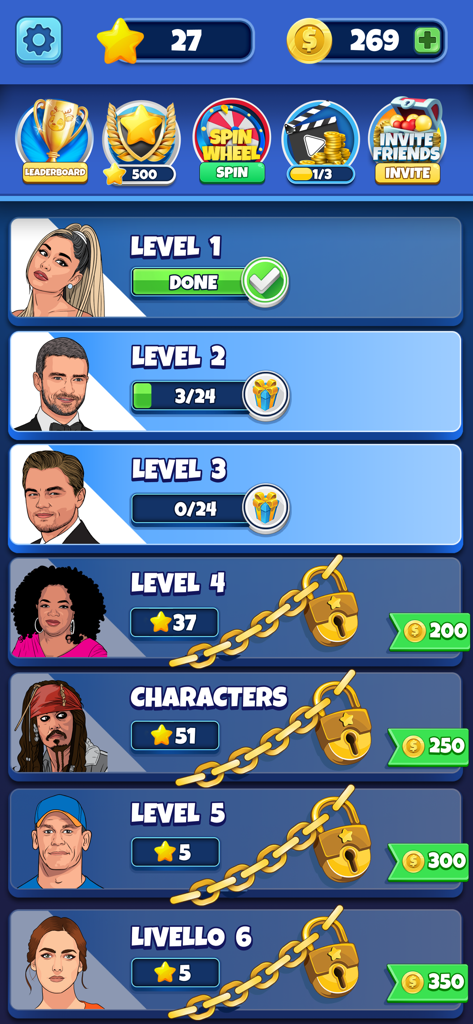 Who is it? Celeb Quiz Trivia - Level selection screen of Who is it Celeb Quiz Trivia with drawings of famous celebrities