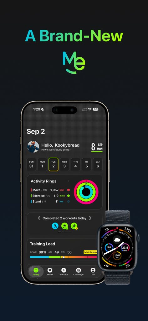 Me - Make health intuitive - Meヘルスアプリのインターフェース。iPhoneとApple Watchのアクティビティリングとトレーニング負荷が表示されている。