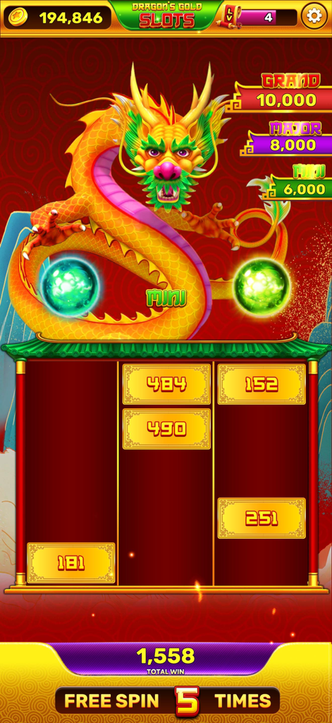 Dragon's Gold Slots - Dragon Gold Slots game screen featuring a golden dragon and grand jackpot rewards