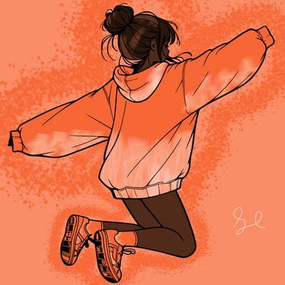 realistic girl jumping with a bun and oversized sweatshirt