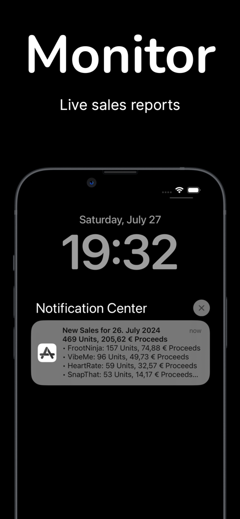 Écran de verrouillage de l'iPhone montrant une notification en temps réel des ventes d'applications et des recettes de Connect Toolkit