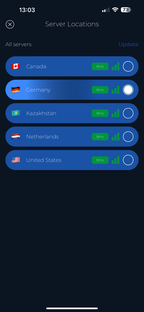 Server locations screen in Kiko VPN showing available countries and connection speed