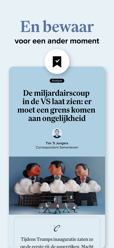 De Correspondent - De Correspondent app screen showcasing the feature to save Dutch journalism articles for later reading
