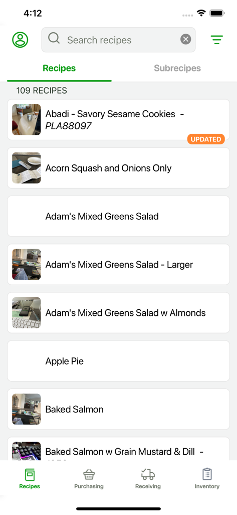 ParsleyApp - Mobile screen of ParsleyApp showing a list of culinary recipes for professional kitchen management