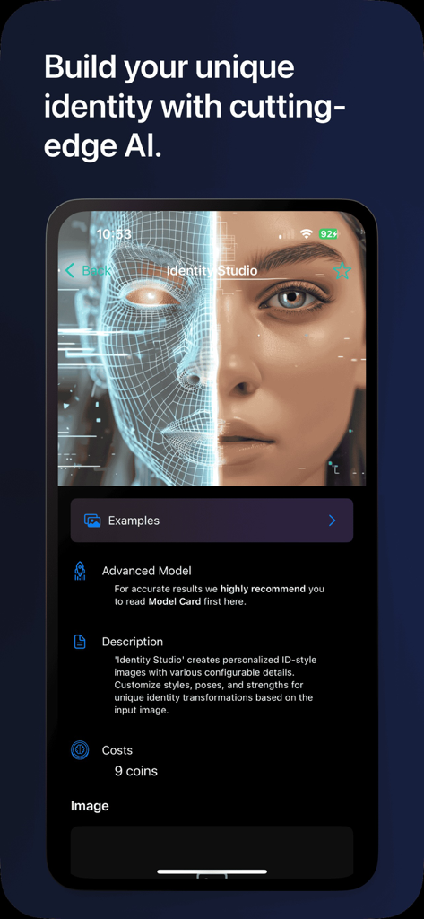 A screenshot of the GenAI Hub app showing the Identity Studio feature with a face transformation using AI technology.