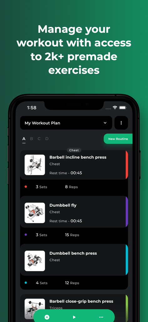 Oberfläche der Mein Trainingsplan-App, die eine Brust-Workout-Routine mit mehreren Übungen und Satzdetails zeigt