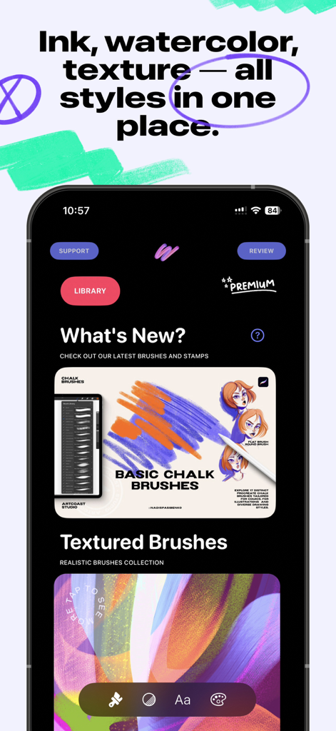 Interface of the Art Brushes for iPad app showing various brush styles including chalk and textured brushes