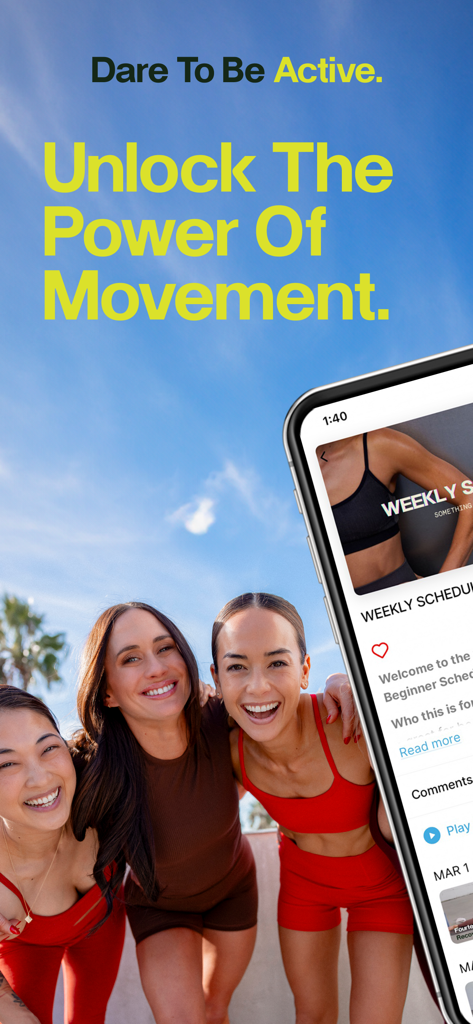 DTBA - Três mulheres ativas sorrindo sob o texto Desbloqueie o Poder do Movimento ao lado de um smartphone mostrando a interface do aplicativo DTBA.