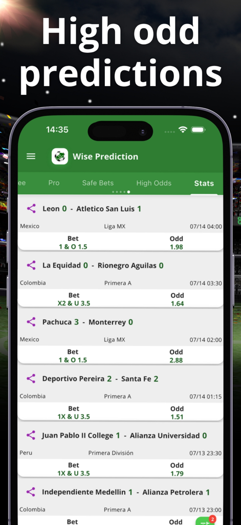 Wise Prediction App-Oberfläche, die Fußball-Wett-Tipps mit hohen Quoten und Spielstatistiken anzeigt