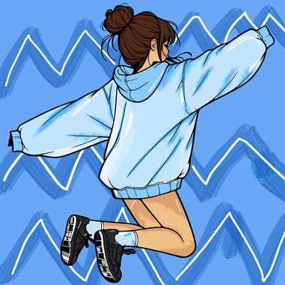 realistic girl jumping with a bun and oversized sweatshirt