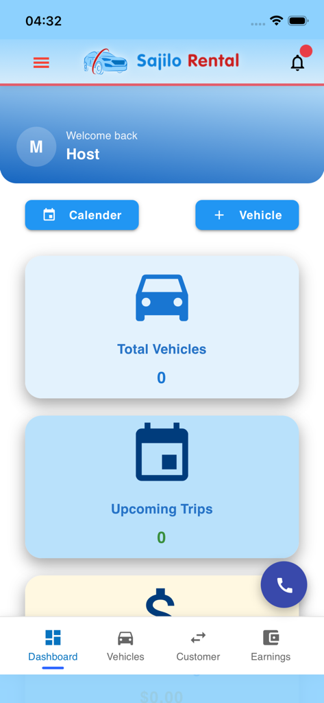 Sajilo Rental - Tableau de bord de l'hôte de l'application Sajilo Rental montrant la gestion des véhicules et les statistiques des trajets.