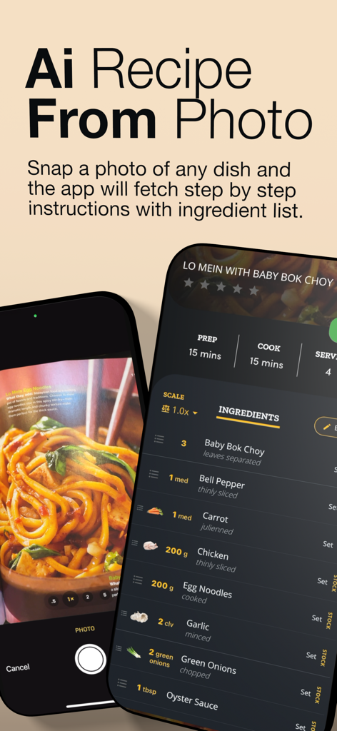 Grocery AI - A phone taking a photo of a noodle dish and another displaying the generated recipe and ingredients list in the Grocery AI app