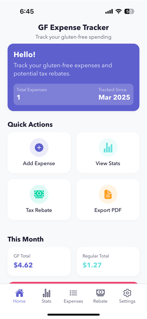 CeliTrack: Celiac Tax Helper - Tela inicial do aplicativo CeliTrack mostrando rastreamento de despesas sem glúten e opções de reembolso fiscal