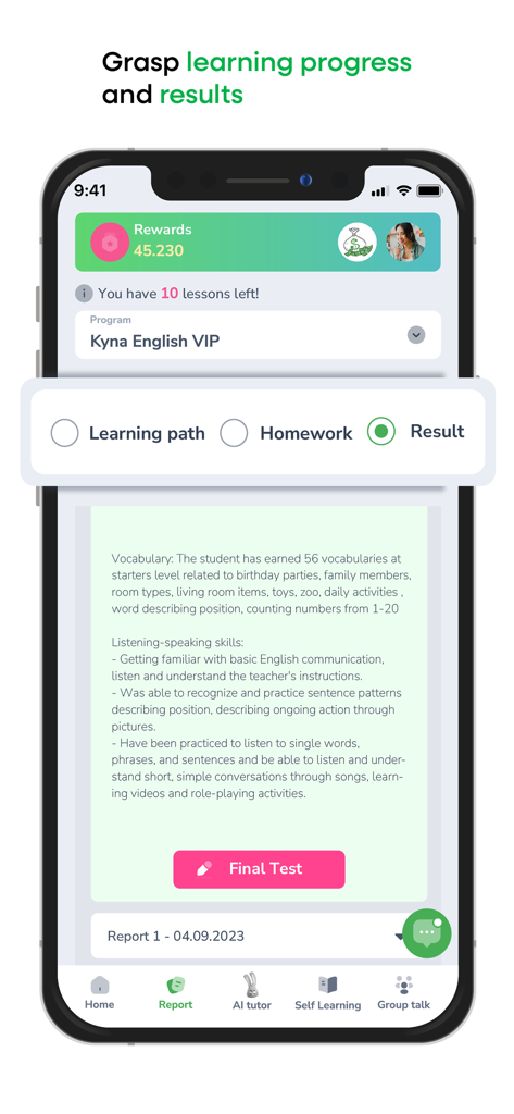 Kyna English - Kyna English app dashboard showing detailed learning results and English skill progress summary.