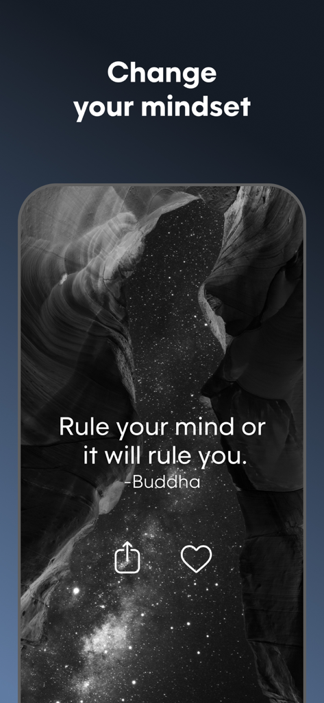 星空の美しい背景に、考え方に関する仏陀の名言を表示するモチベーションアプリ。